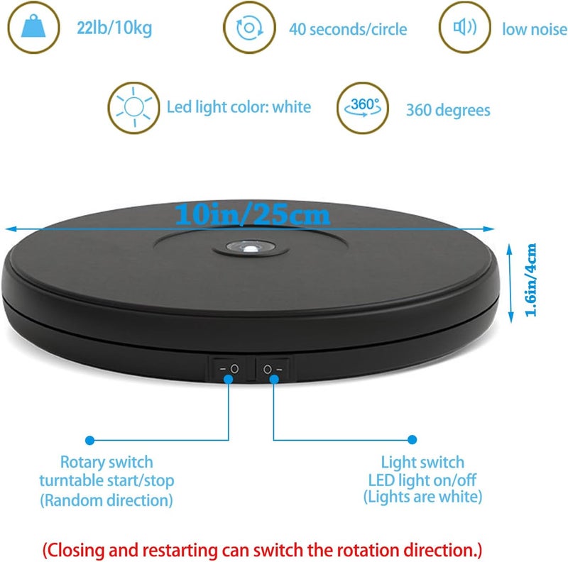 YVV 10'' LED Rotating Display Stand, 360° Motorized Turntable with Lights, 22lbs Capacity Electric Spinner Base for Product Photography, Jewelry, Exhibitions – USB Powered (Black) - Image 4